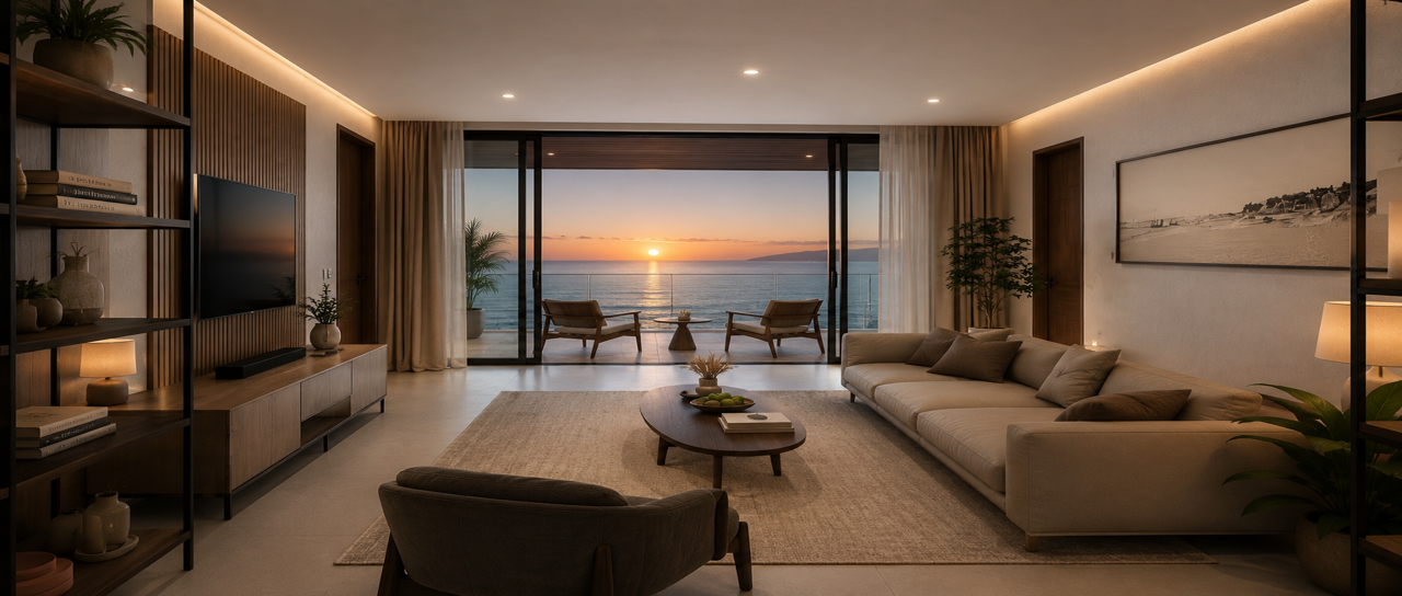 Living room with panoramic ocean views